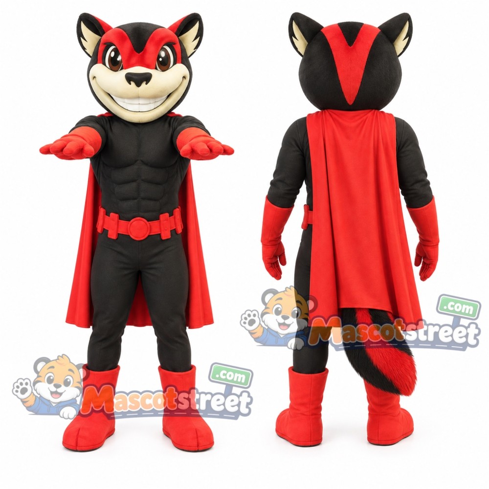 Flying Squirrel Superhero Mascot Costume with Black Suit and Red Cape