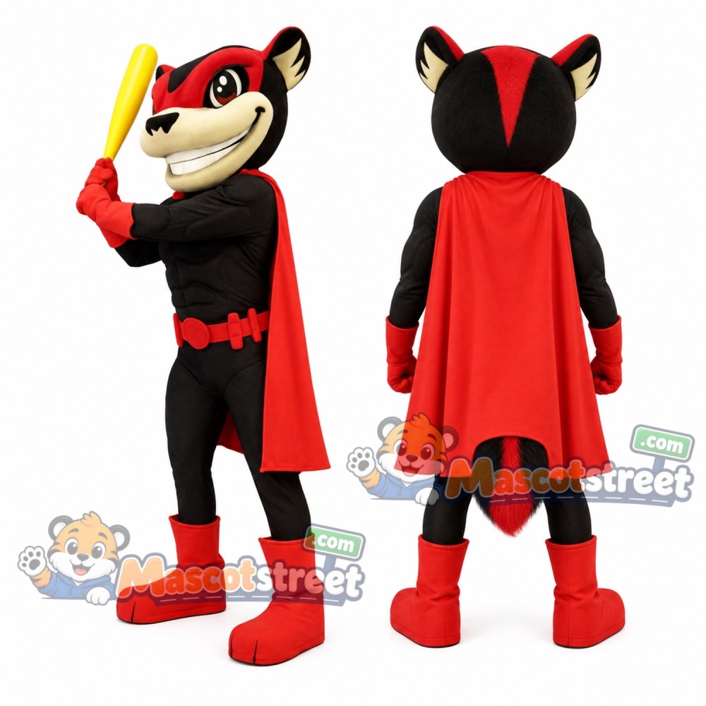 Flying Squirrel Superhero Mascot Costume with Black Suit and Red Cape