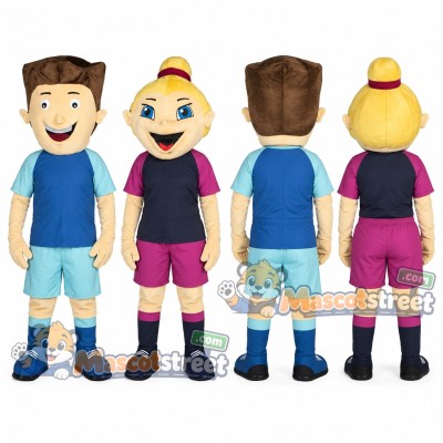 Football Player Couple Mascot Costume with Blue and Purple Sports Uniforms Football Player Couple Mascot Costume with Blue and Purple Sports Uniforms