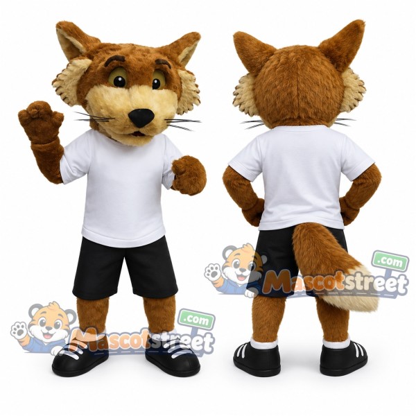 Brown Fox Mascot Costume with White Shirt and Black Shorts