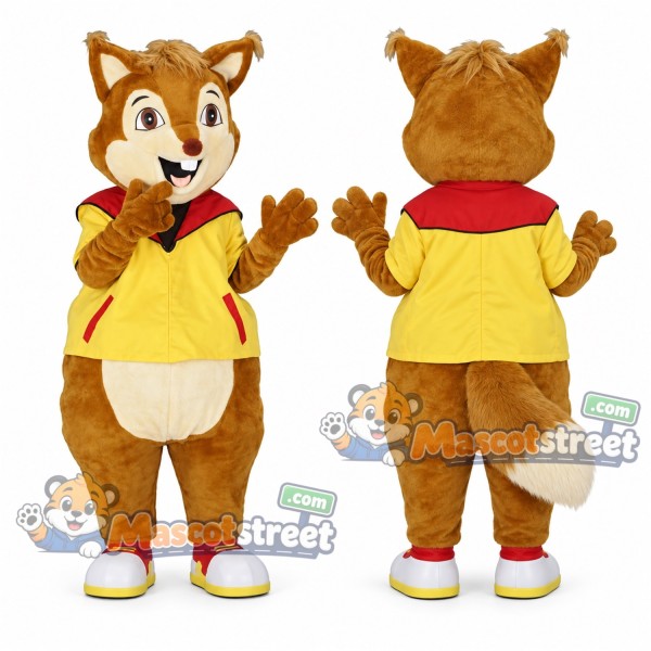 Brown Fox Mascot Costume with Yellow Shirt and Red Scarf