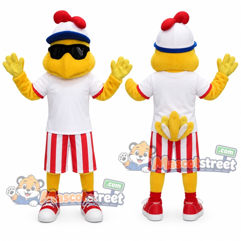 White Chicken Mascot Costume with White Shirt, Striped Shorts and Sunglasses