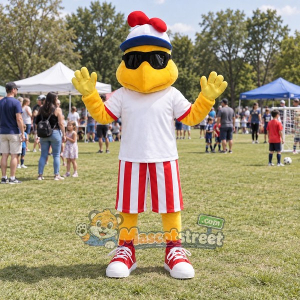 White Chicken Mascot Costume with White Shirt, Striped Shorts and Sunglasses