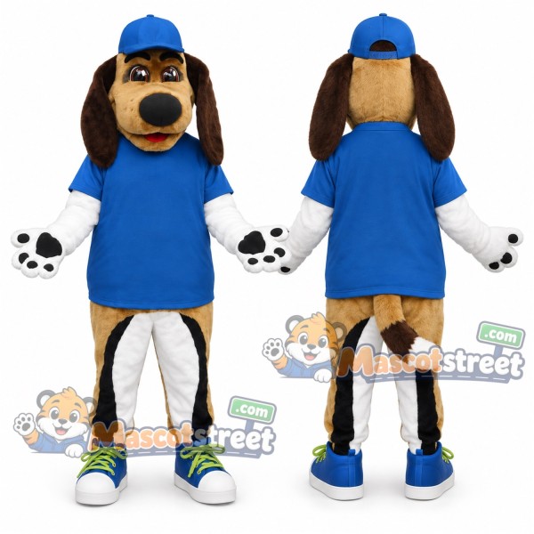 Brown Beagle Mascot Costume with Blue Shirt and Cap