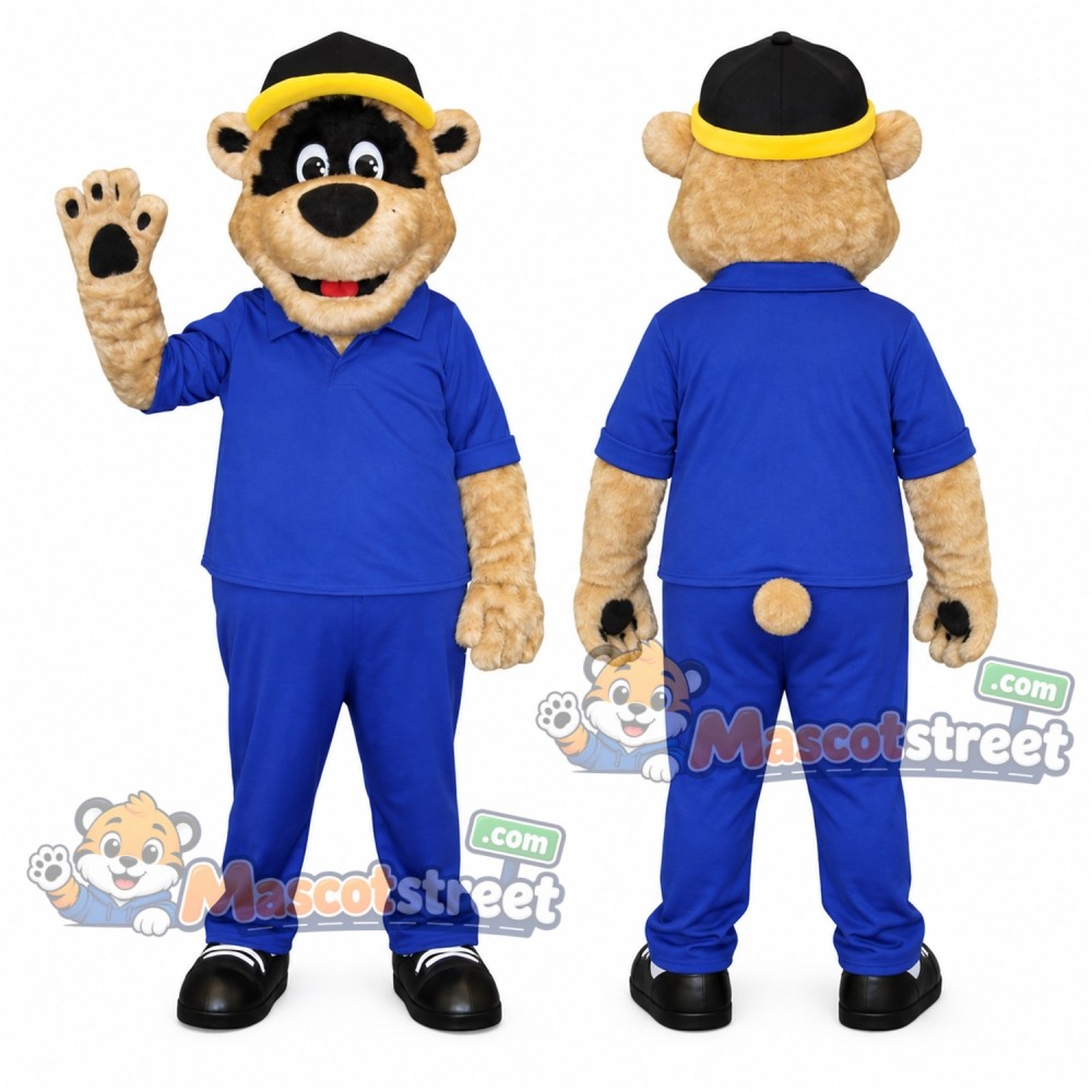 Tan Bear Mascot Costume with Blue Outfit and Black Hat Tan Bear Mascot Costume with Blue Outfit and Black Hat