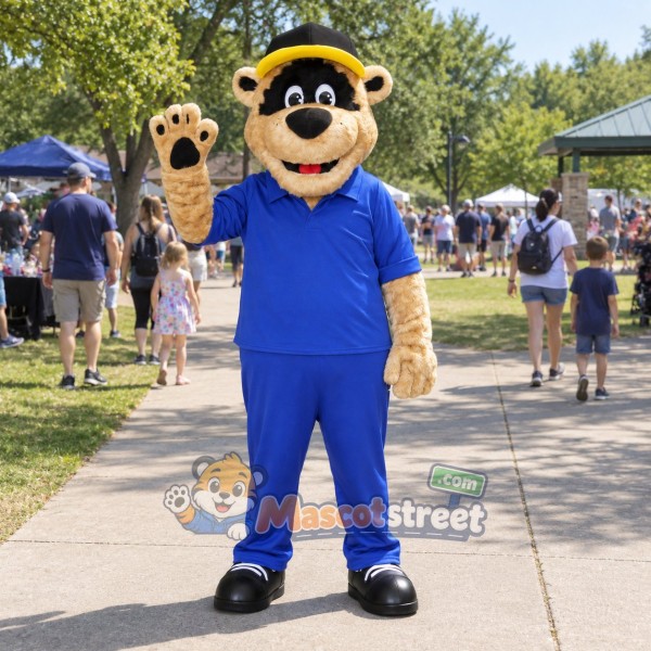 Tan Bear Mascot Costume with Blue Outfit and Black Hat