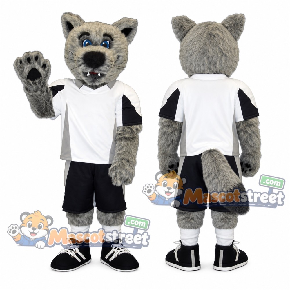 Gray Coyote Mascot Costume with White Shirt and Black Shorts Gray Coyote Mascot Costume with White Shirt and Black Shorts
