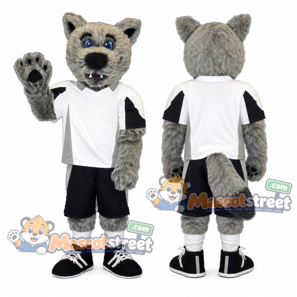 Gray Coyote Mascot Costume with White Shirt and Black Shorts