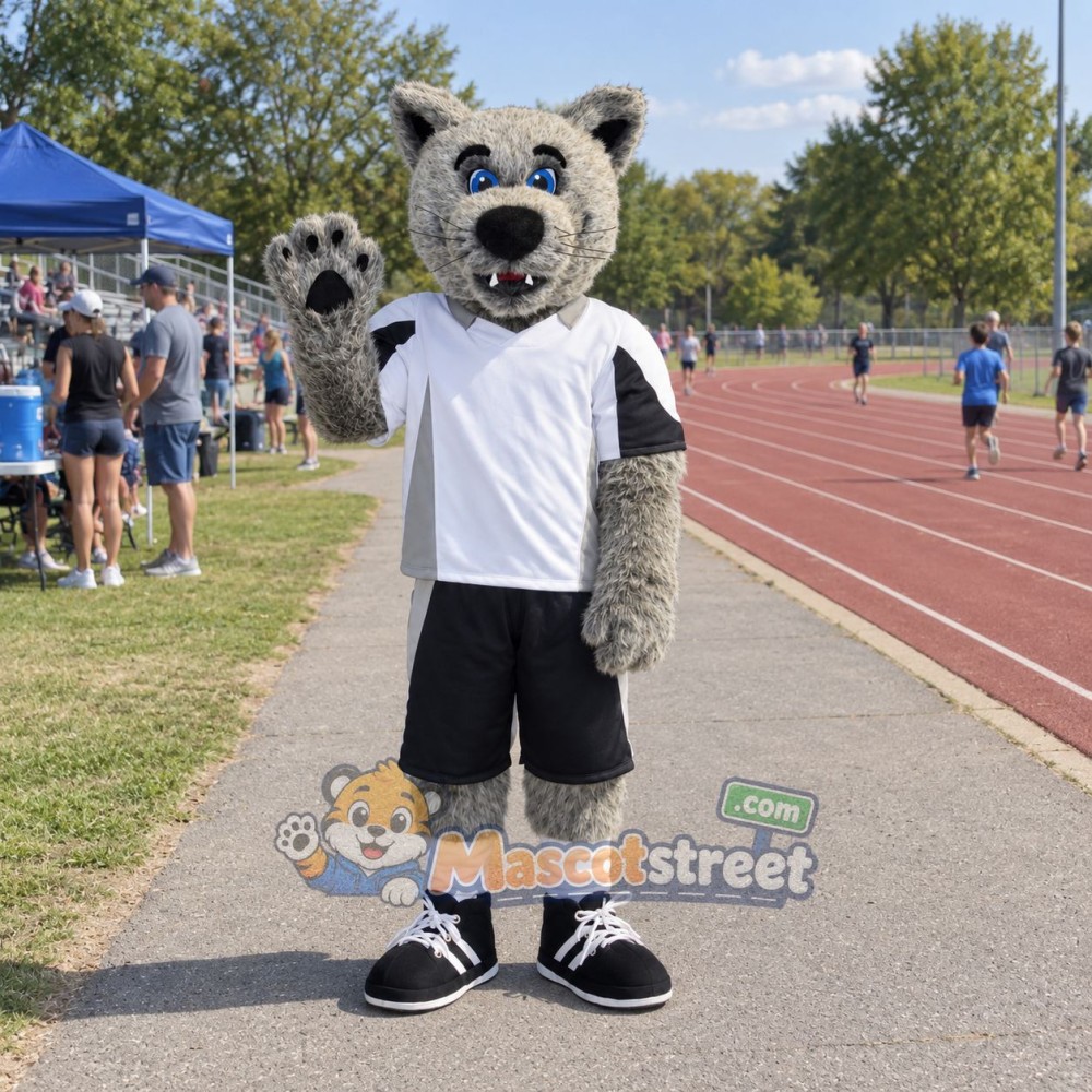 Gray Coyote Mascot Costume with White Shirt and Black Shorts Gray Coyote Mascot Costume with White Shirt and Black Shorts
