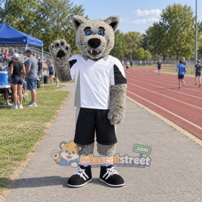 Gray Coyote Mascot Costume with White Shirt and Black Shorts Gray Coyote Mascot Costume with White Shirt and Black Shorts