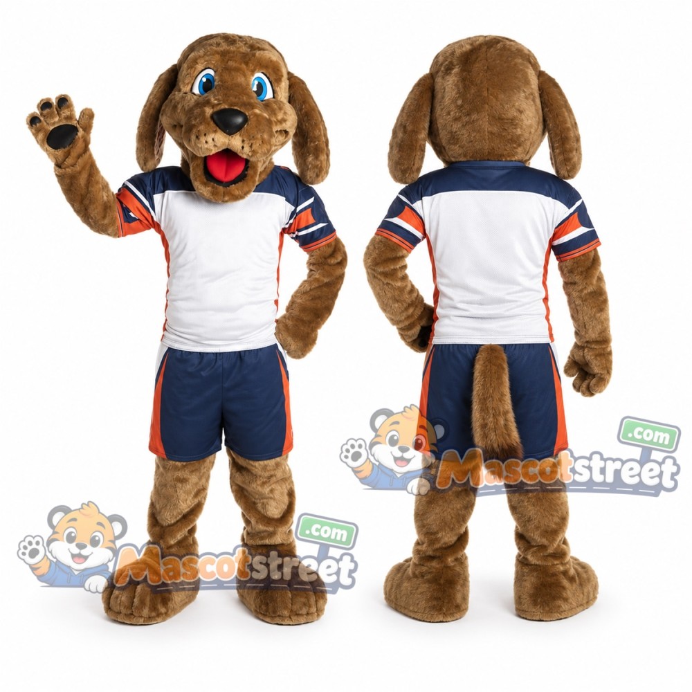 Brown Dog Mascot Costume with White Shirt and Navy Shorts