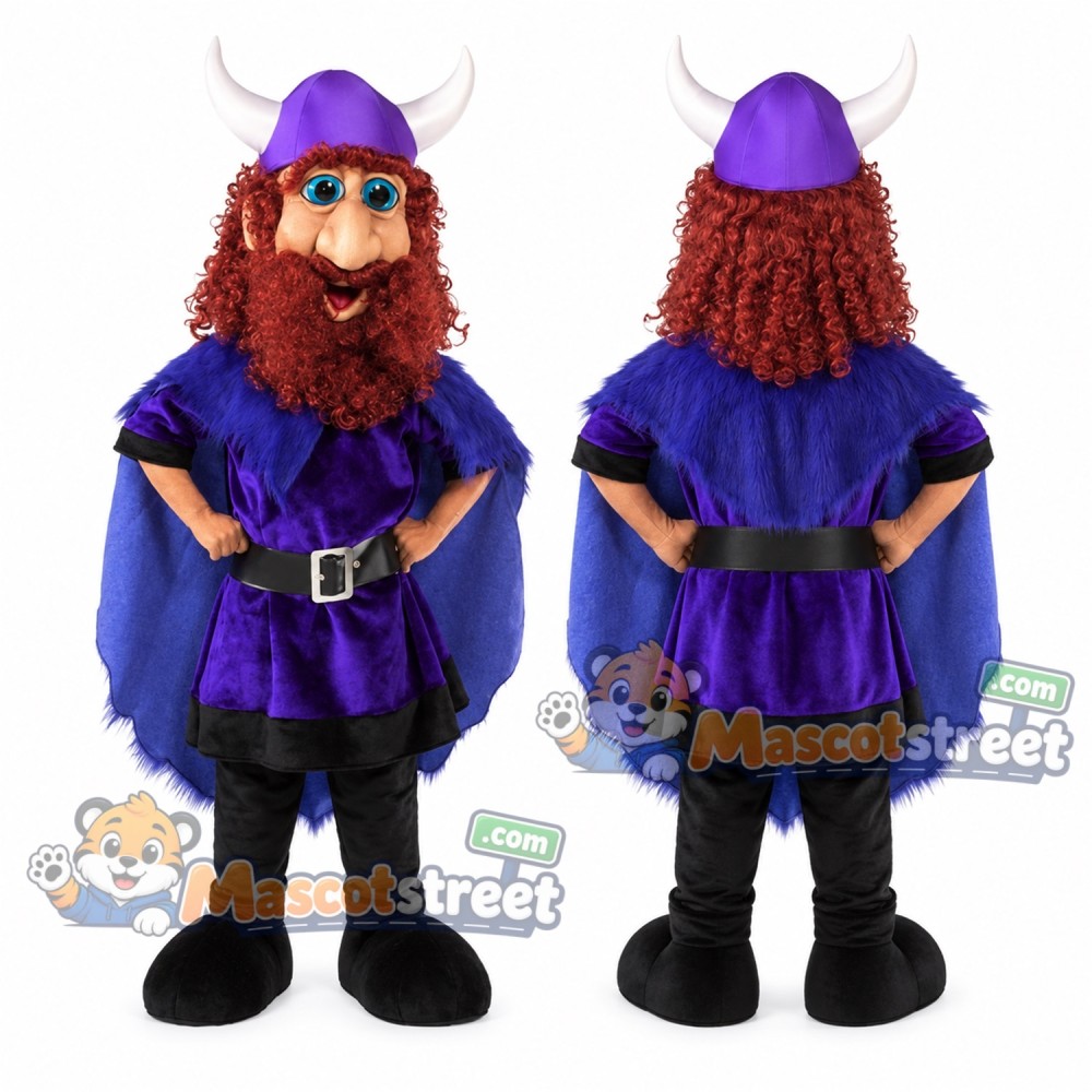 Viking Mascot Costume with Purple Tunic and Horned Helmet Viking Mascot Costume with Purple Tunic and Horned Helmet