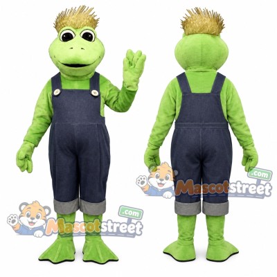 Green Frog Mascot Costume with Navy Overalls Green Frog Mascot Costume with Navy Overalls