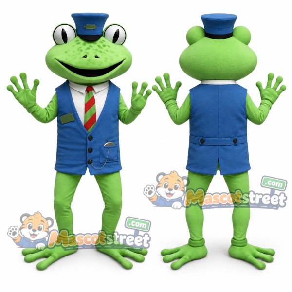 Green Frog Mascot Costume with Blue Vest and Hat