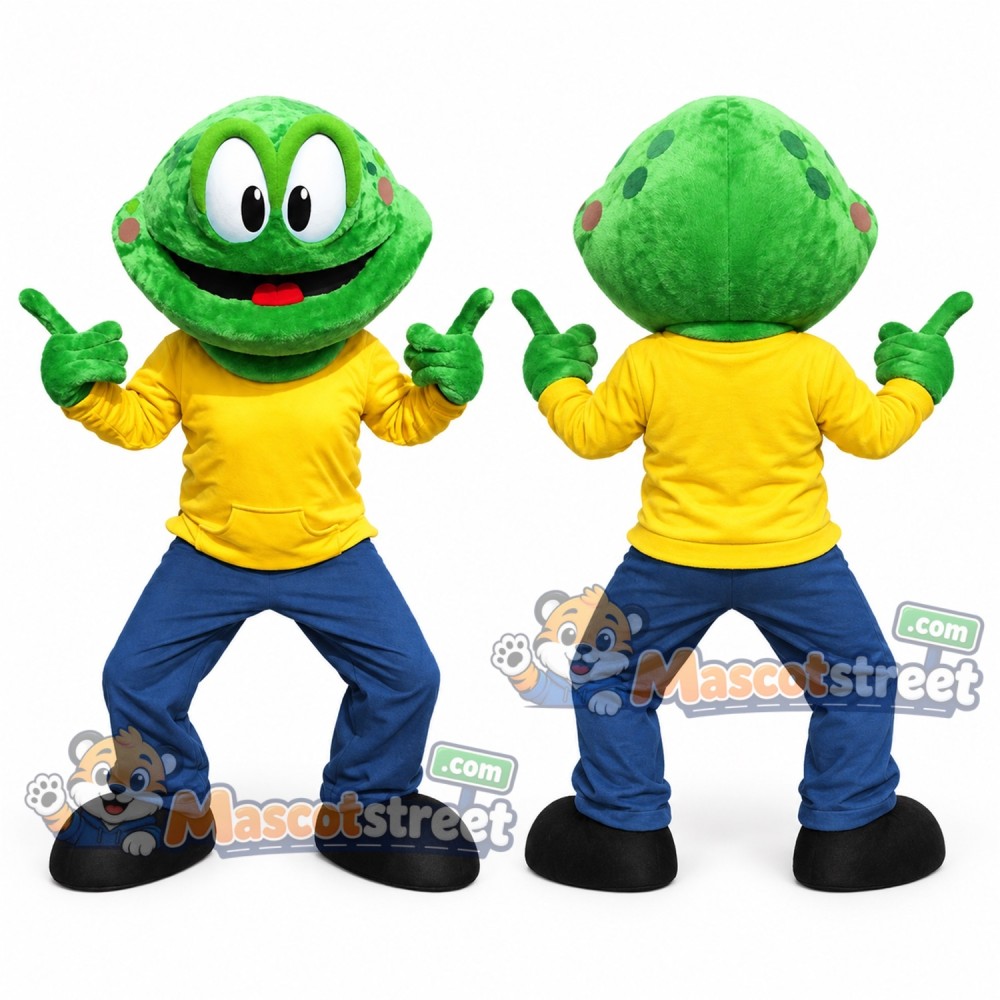 Green Frog Mascot Costume with Yellow Shirt and Blue Pants Green Frog Mascot Costume with Yellow Shirt and Blue Pants