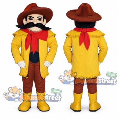Frontiersman Mascot Costume with Yellow Coat and Brown Hat Frontiersman Mascot Costume with Yellow Coat and Brown Hat