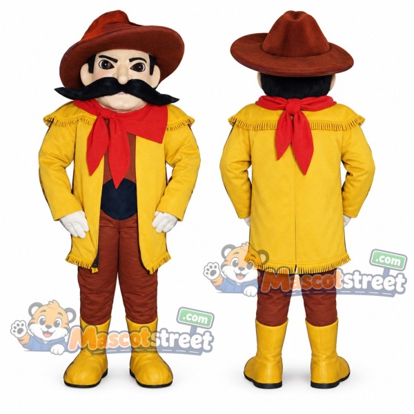 Frontiersman Mascot Costume with Yellow Coat and Brown Hat