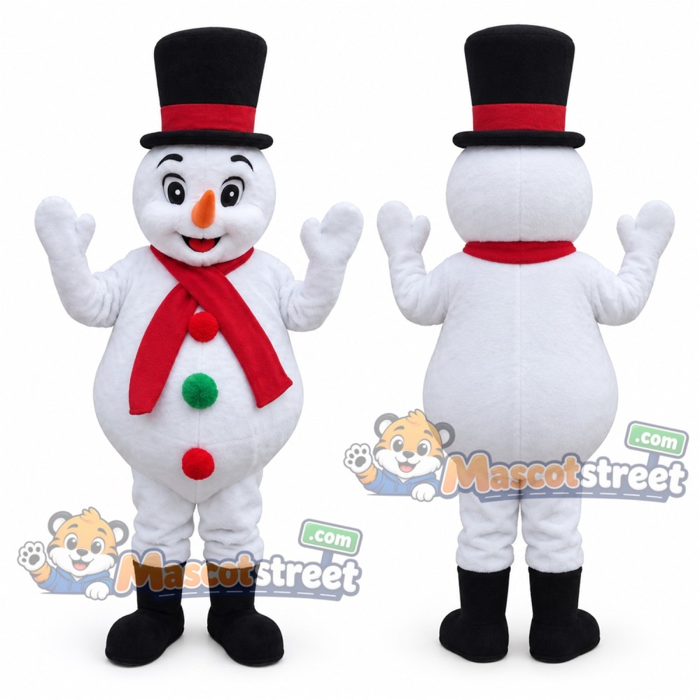 Snowman Mascot Costume with Black Top Hat and Red Scarf Snowman Mascot Costume with Black Top Hat and Red Scarf