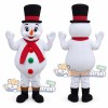 Snowman Mascot Costume with Black Top Hat and Red Scarf
