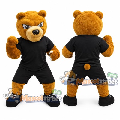 Brown Bear Mascot Costume with Black Sports Uniform