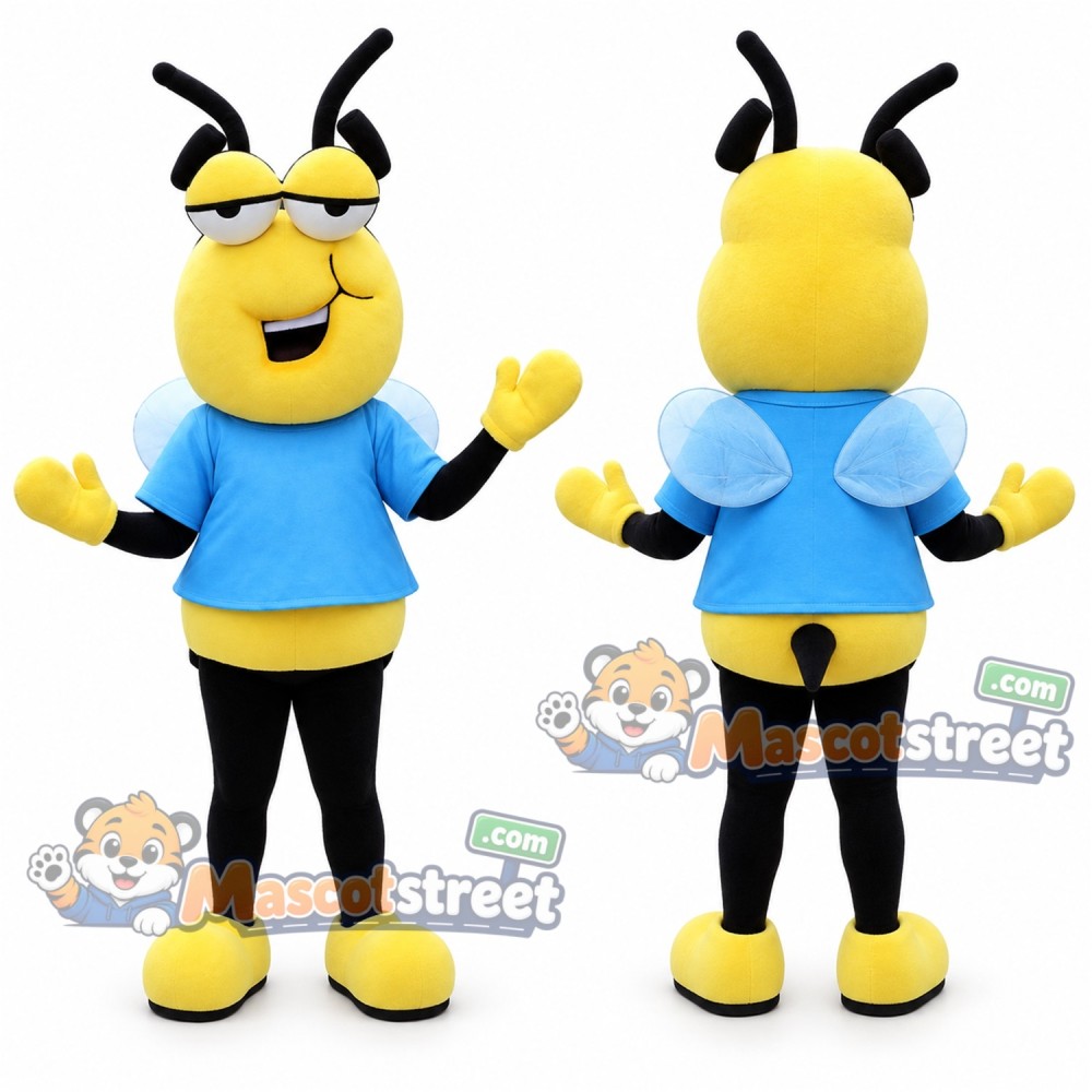 Yellow and Black Bee Mascot Costume with Blue Shirt Yellow and Black Bee Mascot Costume with Blue Shirt
