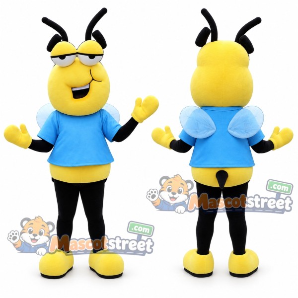 Yellow and Black Bee Mascot Costume with Blue Shirt