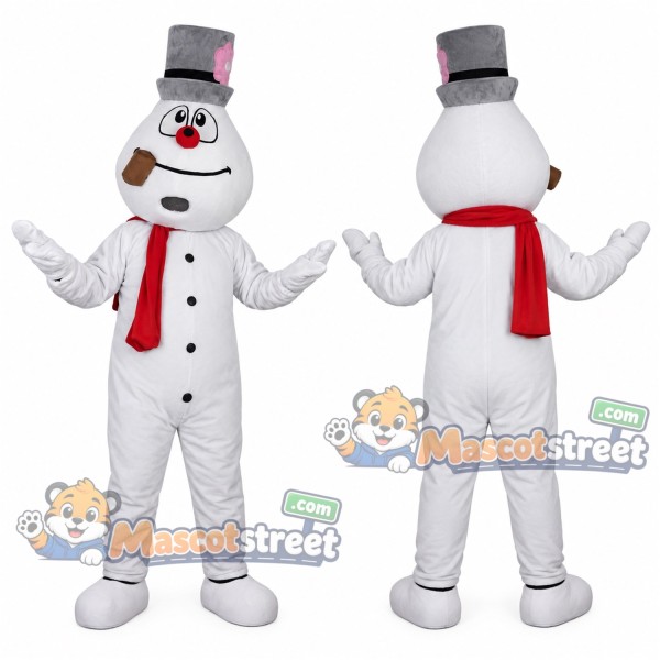 Snowman Mascot Costume with Gray Top Hat and Red Scarf