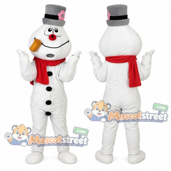 Snowman Mascot Costume with Gray Top Hat and Red Scarf