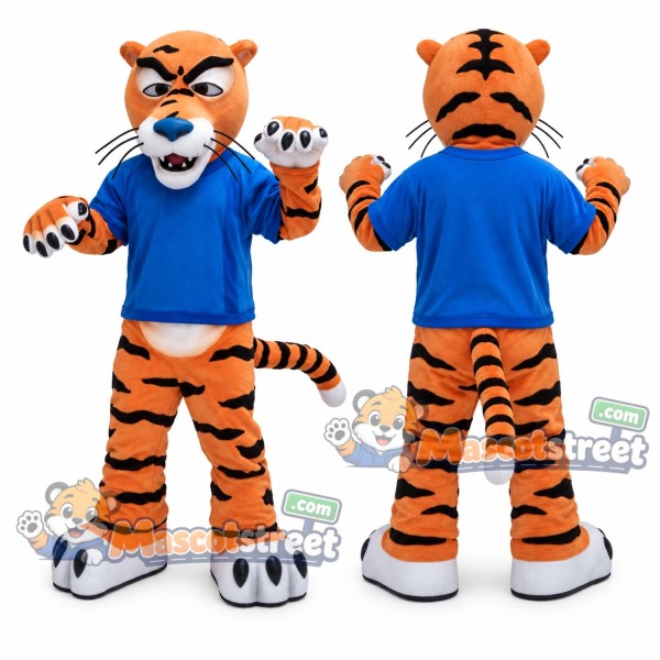 Orange Tiger Mascot Costume with Blue Shirt