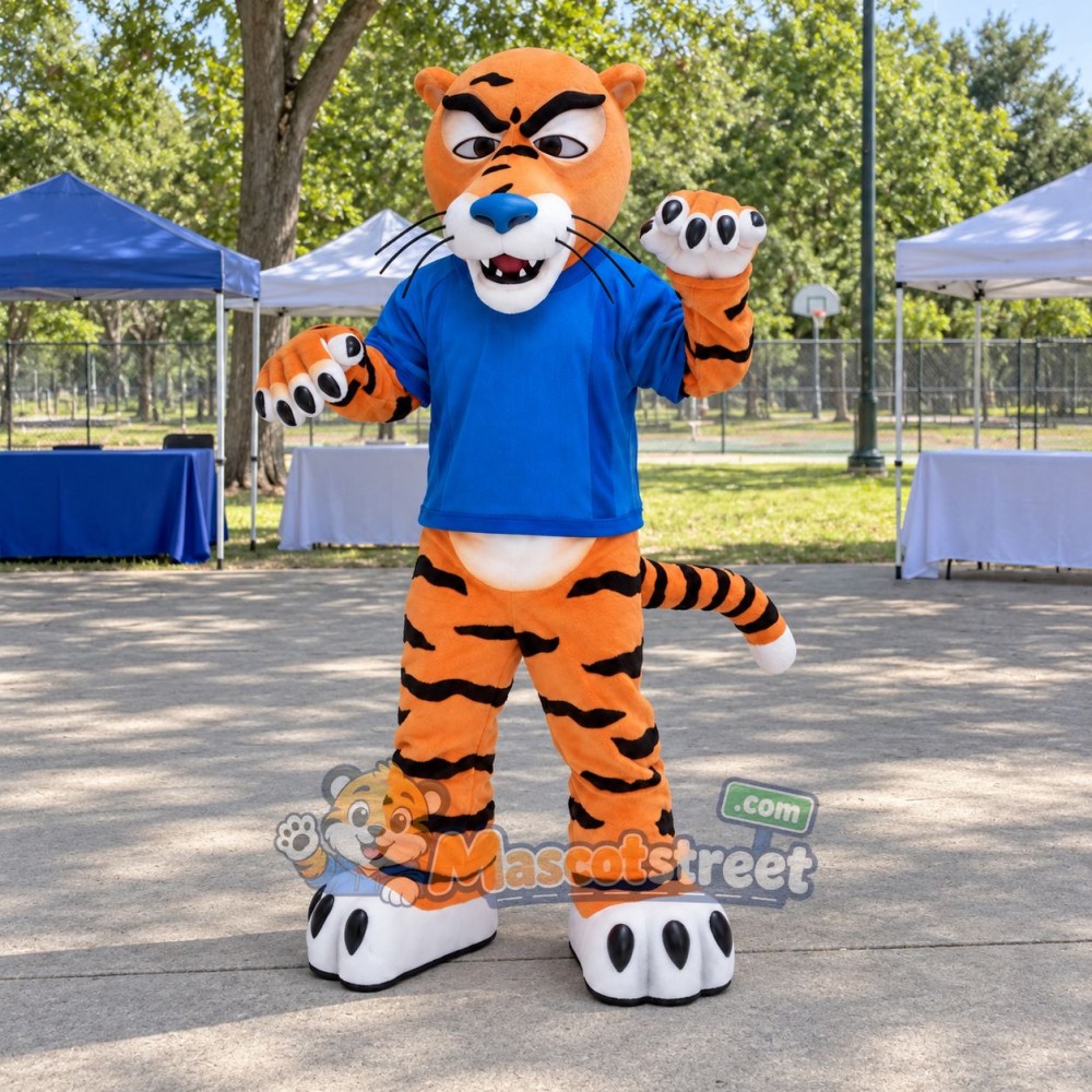 Orange Tiger Mascot Costume with Blue Shirt