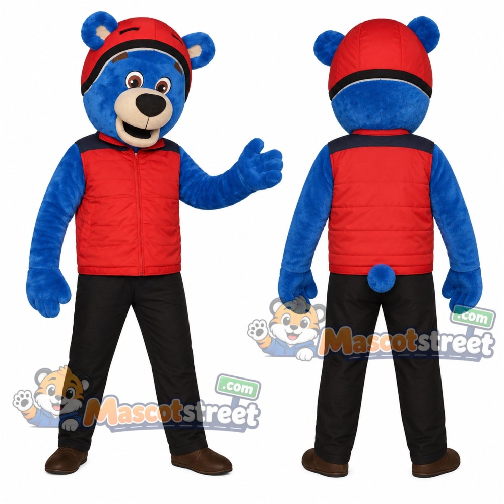 Blue Bear Mascot Costume with Red Vest, Black Pants and Helmet
