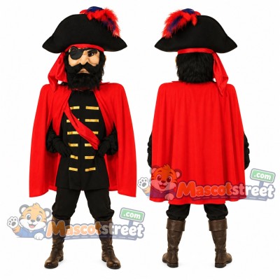 Pirate Mascot Costume with Red Cape and Black Tricorn Hat Pirate Mascot Costume with Red Cape and Black Tricorn Hat