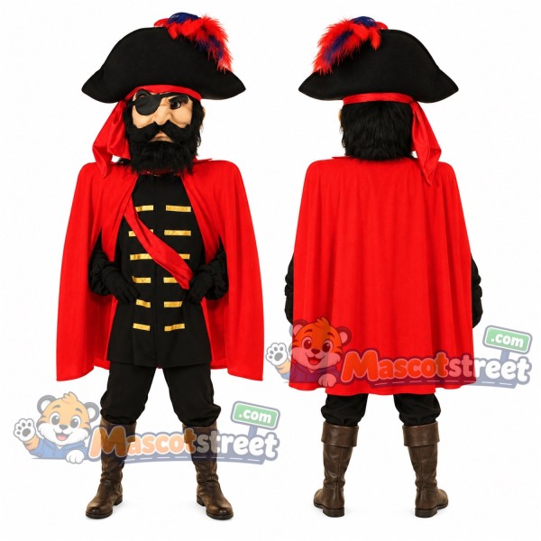 Pirate Mascot Costume with Red Cape and Black Tricorn Hat