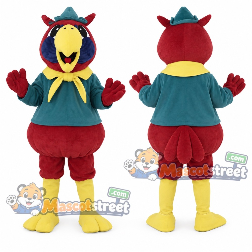Red Parrot Mascot Costume with Teal Shirt and Yellow Scarf
