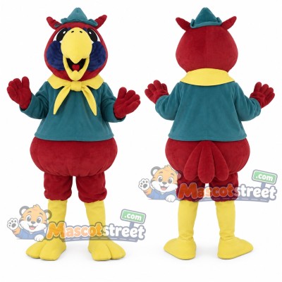 Red Parrot Mascot Costume with Teal Shirt and Yellow Scarf