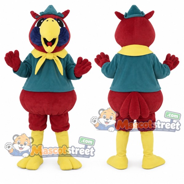 Red Parrot Mascot Costume with Teal Shirt and Yellow Scarf