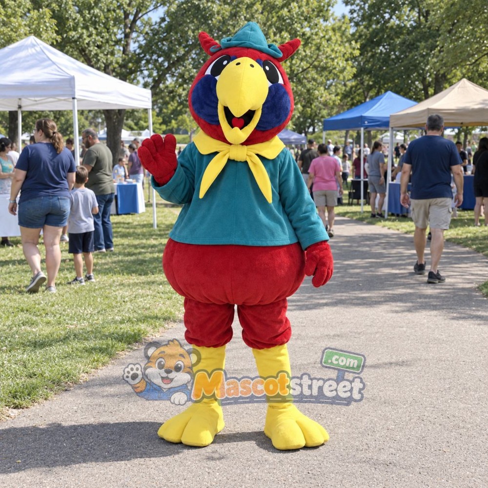 Red Parrot Mascot Costume with Teal Shirt and Yellow Scarf Red Parrot Mascot Costume with Teal Shirt and Yellow Scarf