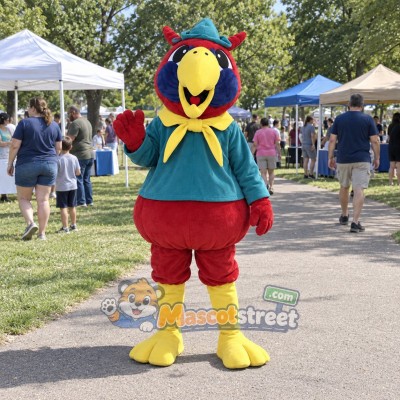 Red Parrot Mascot Costume with Teal Shirt and Yellow Scarf Red Parrot Mascot Costume with Teal Shirt and Yellow Scarf