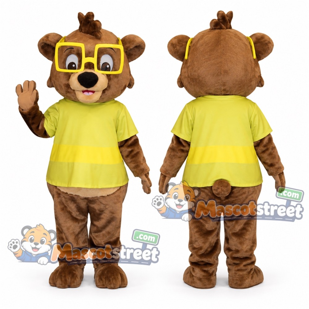 Brown Bear Mascot Costume with Yellow Shirt and Glasses