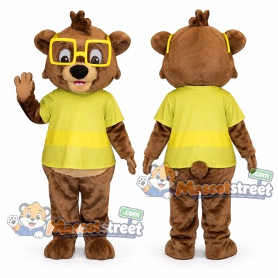 Brown Bear Mascot Costume with Yellow Shirt and Glasses