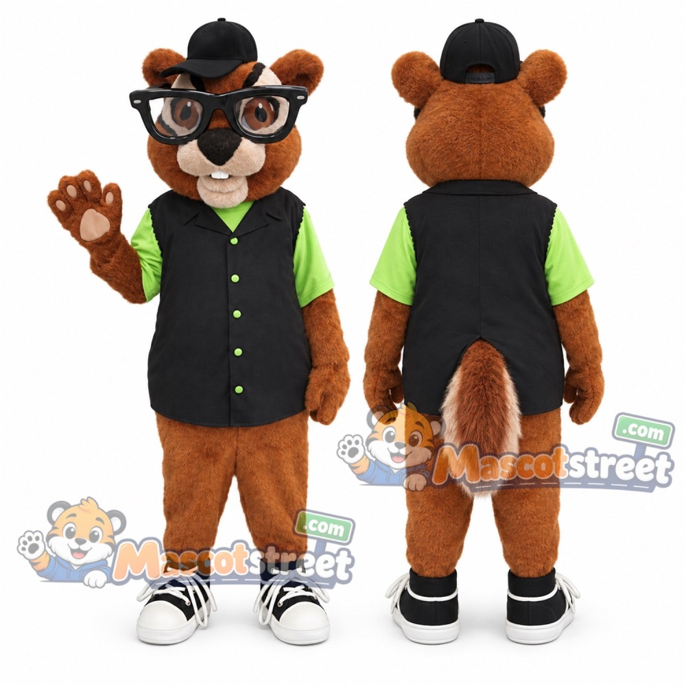 Brown Chipmunk Mascot Costume with Green Shirt, Black Vest and Glasses