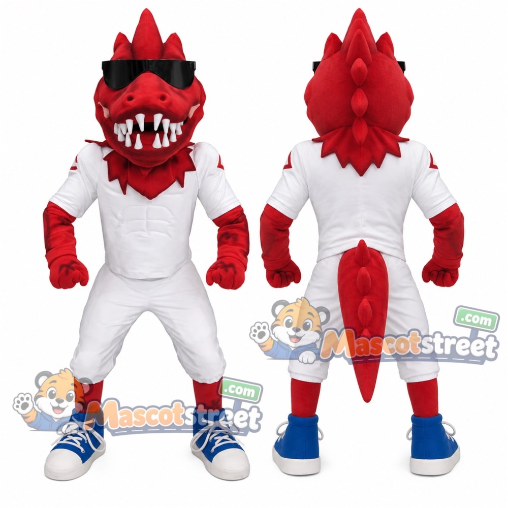 Red Dinosaur Mascot Costume with White Sports Uniform and Sunglasses Red Dinosaur Mascot Costume with White Sports Uniform and Sunglasses