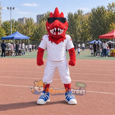 Red Dinosaur Mascot Costume with White Sports Uniform and Sunglasses Red Dinosaur Mascot Costume with White Sports Uniform and Sunglasses