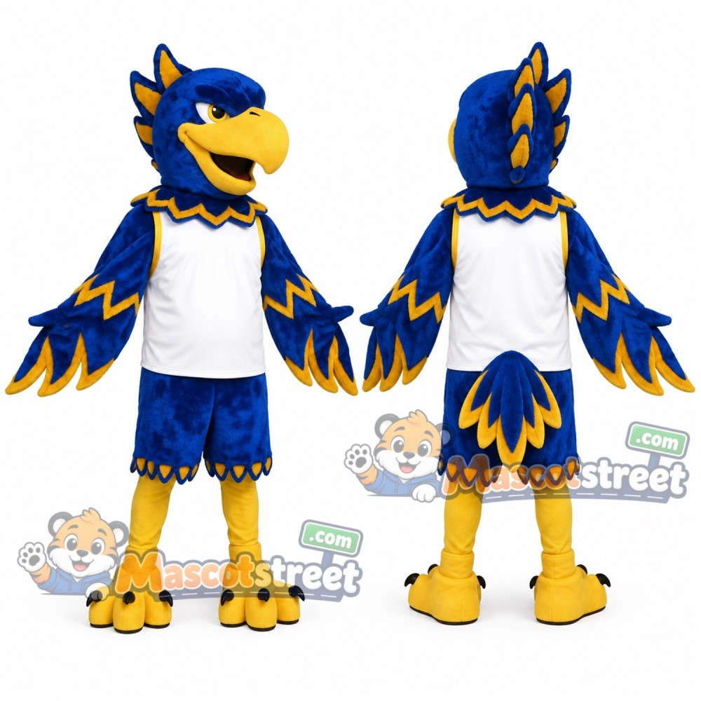 Blue and Yellow Hawk Mascot Costume with White Shirt Blue and Yellow Hawk Mascot Costume with White Shirt