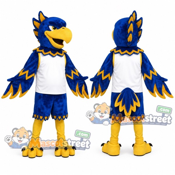 Blue and Yellow Hawk Mascot Costume with White Shirt