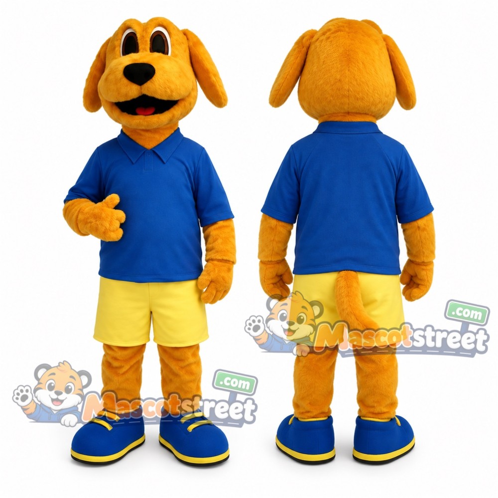 Yellow Dog Mascot Costume with Blue Shirt and Yellow Shorts