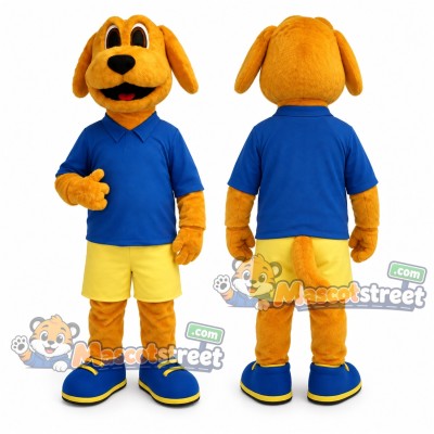 Yellow Dog Mascot Costume with Blue Shirt and Yellow Shorts
