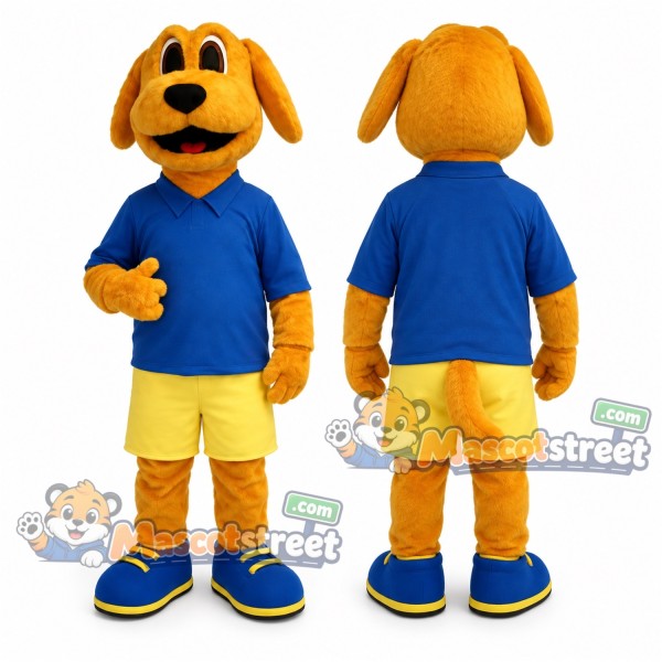Yellow Dog Mascot Costume with Blue Shirt and Yellow Shorts