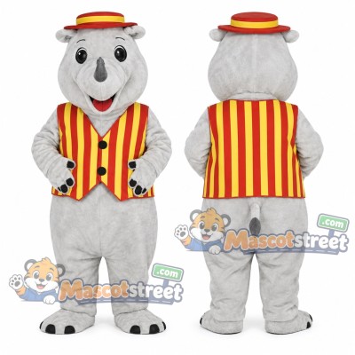 Gray Rhino Mascot Costume with Striped Vest and Boater Hat Gray Rhino Mascot Costume with Striped Vest and Boater Hat