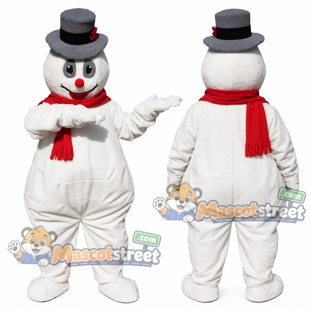 Snowman Mascot Costume with Gray Top Hat and Red Scarf Snowman Mascot Costume with Gray Top Hat and Red Scarf